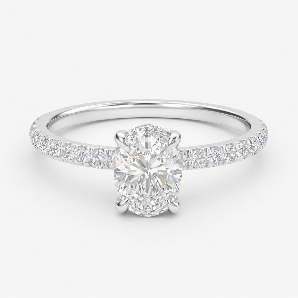 Front view of an oval-cut lab-grown diamond hidden halo pavé engagement ring in white gold