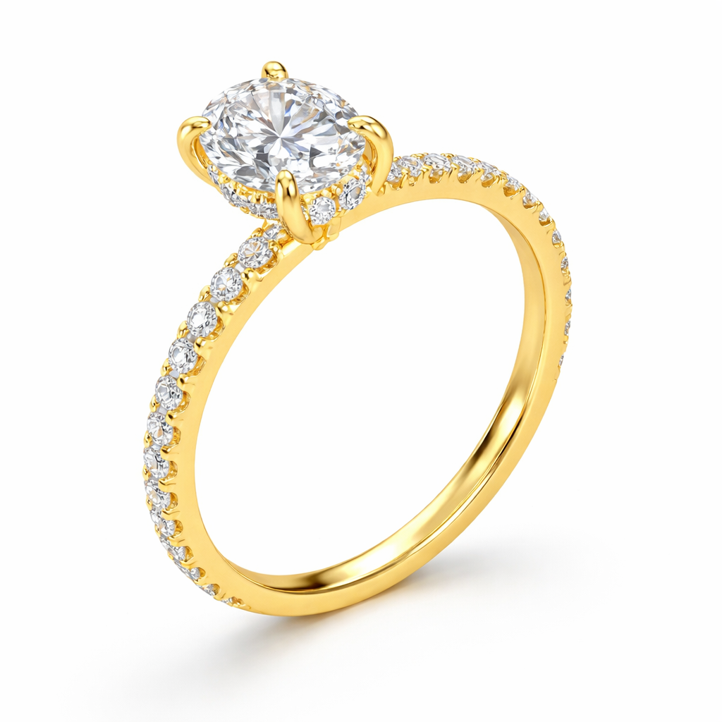 Rear view of an oval-cut lab-grown diamond hidden halo pavé engagement ring in yellow gold