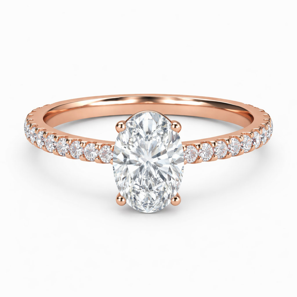Front view of an oval-cut lab-grown diamond pavé solitaire engagement ring in rose gold