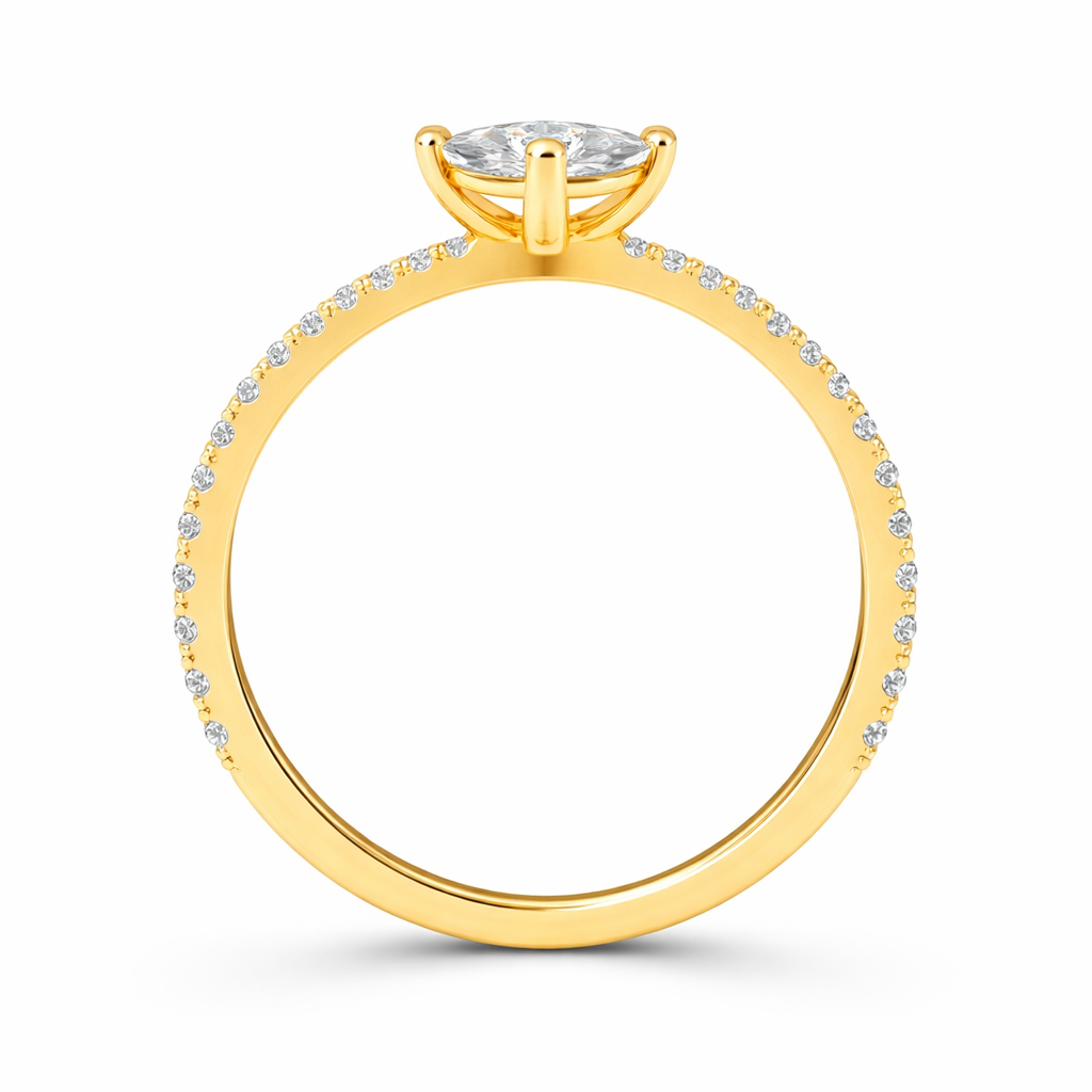 Angled view of an oval-cut lab-grown diamond pavé solitaire engagement ring in yellow gold