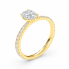 Rear view of an oval-cut lab-grown diamond pavé solitaire engagement ring in yellow gold