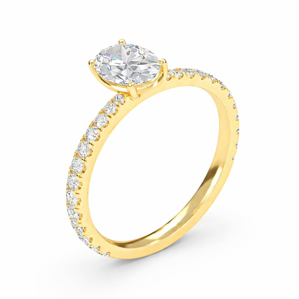 Rear view of an oval-cut lab-grown diamond pavé solitaire engagement ring in yellow gold