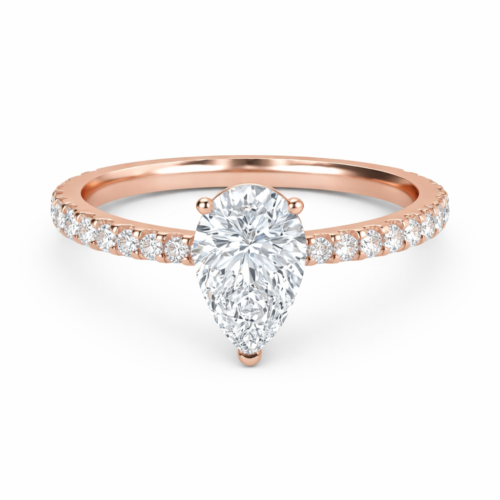 Front view of a pear-cut lab-grown diamond pavé solitaire engagement ring in rose gold