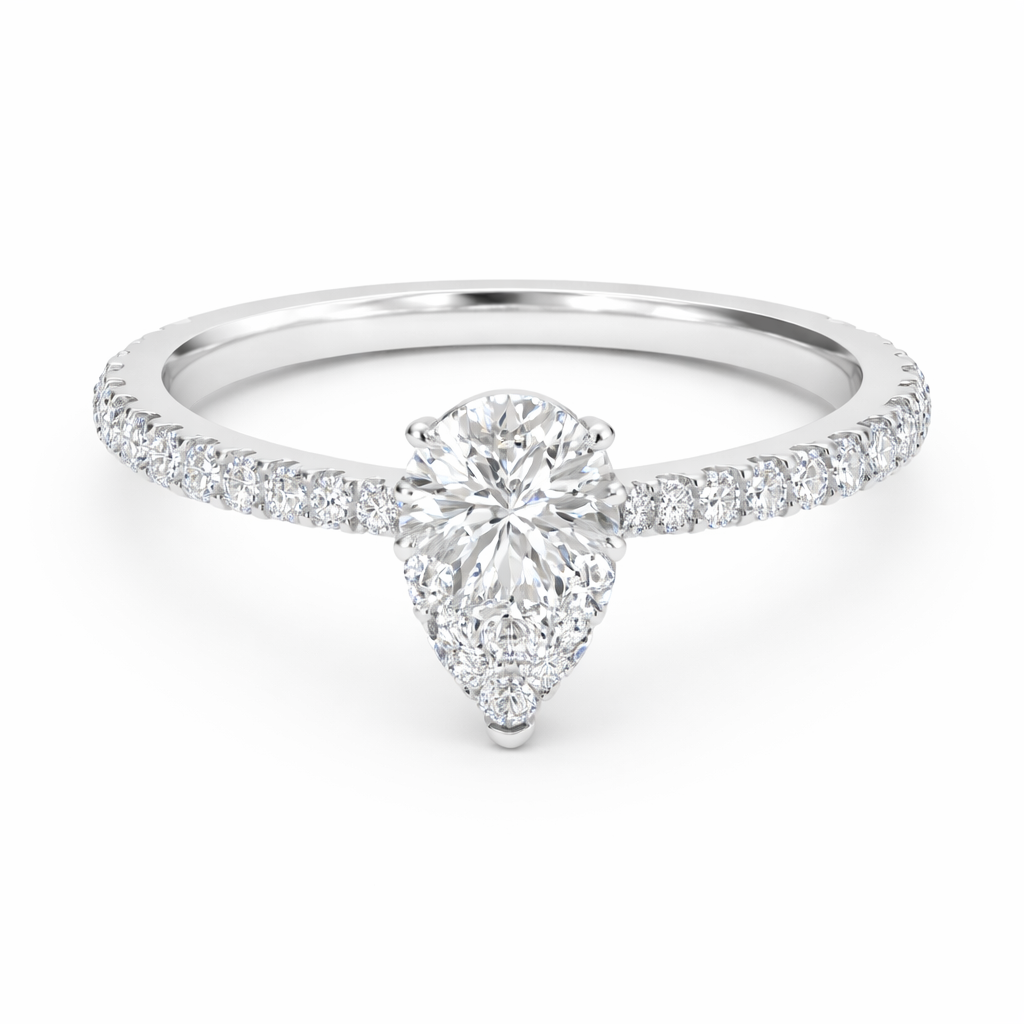 Front view of a pear-cut lab-grown diamond pavé solitaire engagement ring in white gold