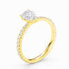 Rear view of a pear-cut lab-grown diamond pavé solitaire engagement ring in yellow gold