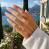 Radiant-cut lab-grown diamond hidden halo engagement ring lifestyle close-up