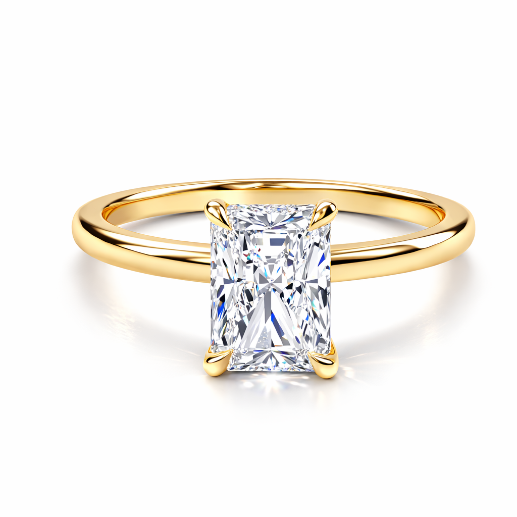 Front view of a radiant-cut lab-grown diamond hidden halo engagement ring in yellow gold