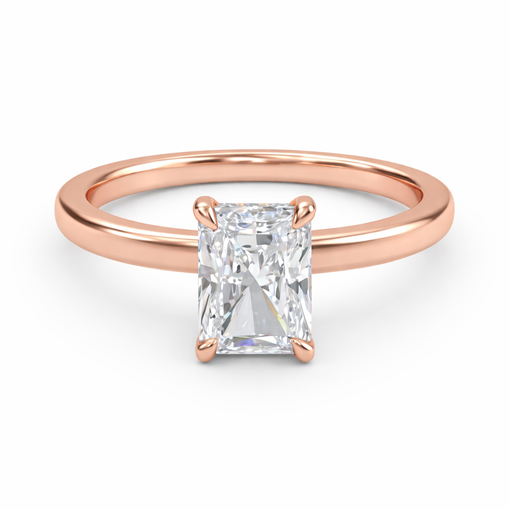Front view of a radiant-cut lab-grown diamond hidden halo engagement ring in rose gold