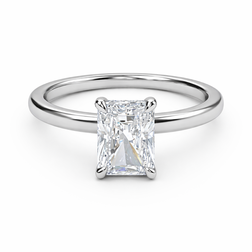 Front view of a radiant-cut lab-grown diamond hidden halo engagement ring in white gold