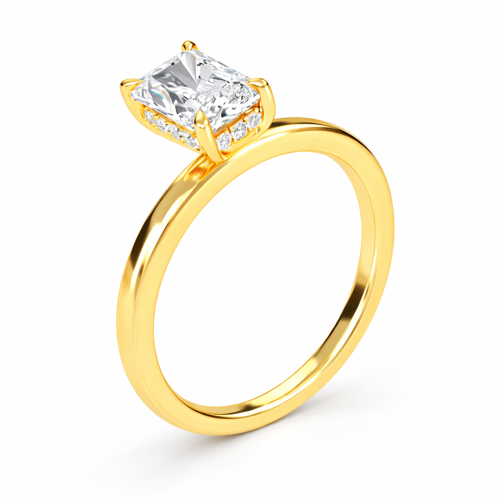 Rear view of a radiant-cut lab-grown diamond hidden halo engagement ring in yellow gold