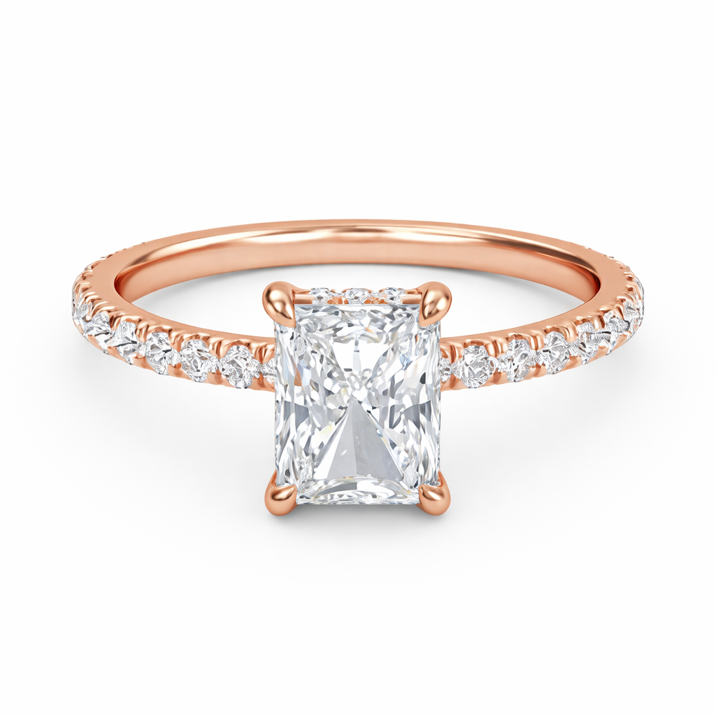 Front view of a radiant-cut lab-grown diamond hidden halo pavé engagement ring in rose gold