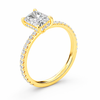 Rear view of a radiant-cut lab-grown diamond hidden halo pavé engagement ring in yellow gold