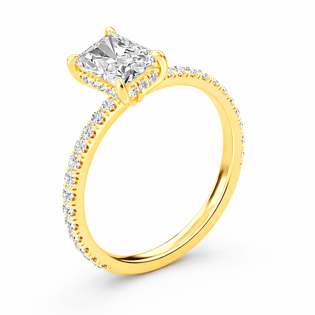 Rear view of a radiant-cut lab-grown diamond hidden halo pavé engagement ring in yellow gold